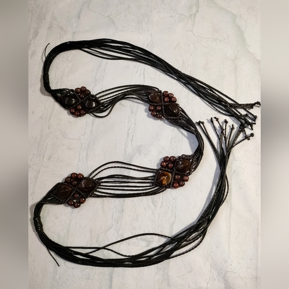 Vintage Boho Macramé Women's Belt Beaded Adjustable Tie Closure Vegan Leather - Picture 1 of 12